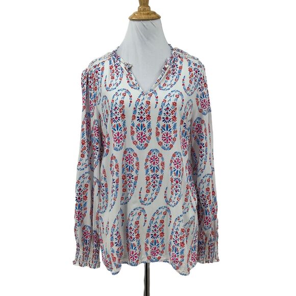Talbots Blouse Womens M Medium White Blue Shirred Notch Floral Peasant Paisley - Picture 1 of 14